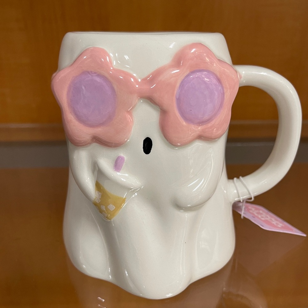Halloween Pink Ghost w/ Flower Glasses & Boba Ceramic Coffee mug NWT 🩷👻